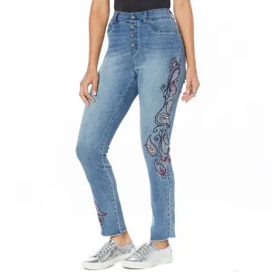 DG2 by Diane Gilman Women's Petite Embroidered Pull On Exposed Button Jeans