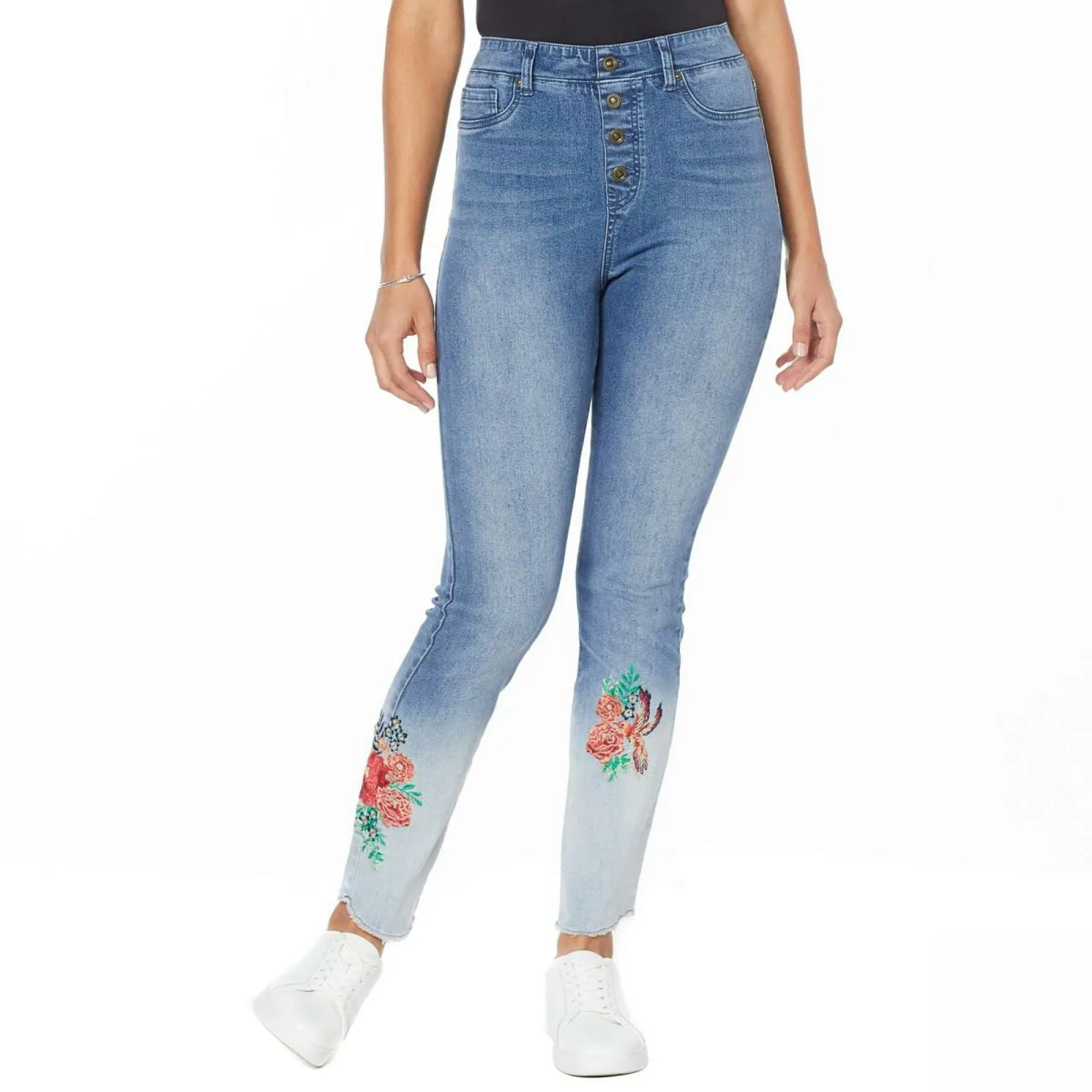 DG2 by Diane Gilman Women's Petite Embroidered Pull On Exposed Button Jeans