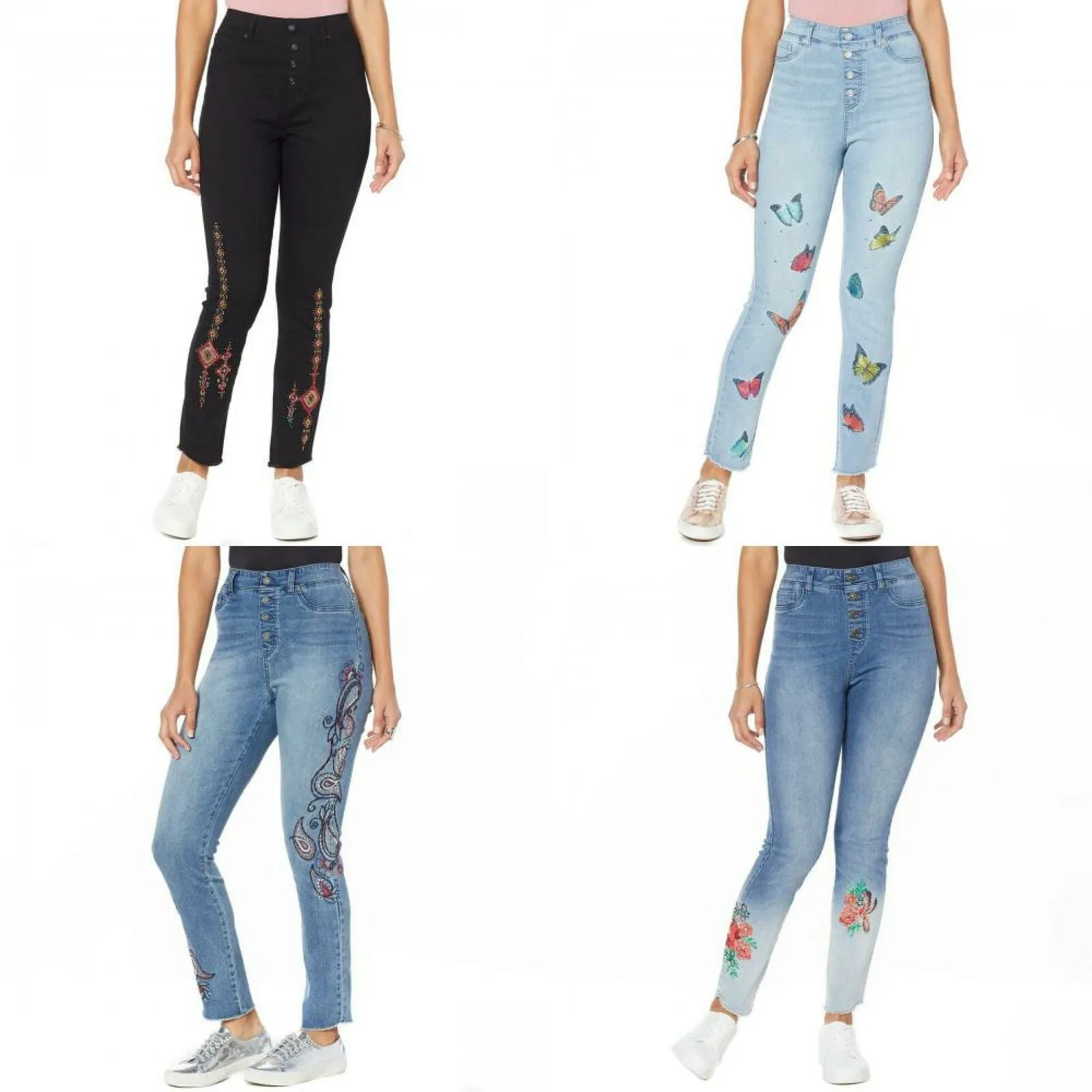 DG2 by Diane Gilman Women's Petite Embroidered Pull On Exposed Button Jeans