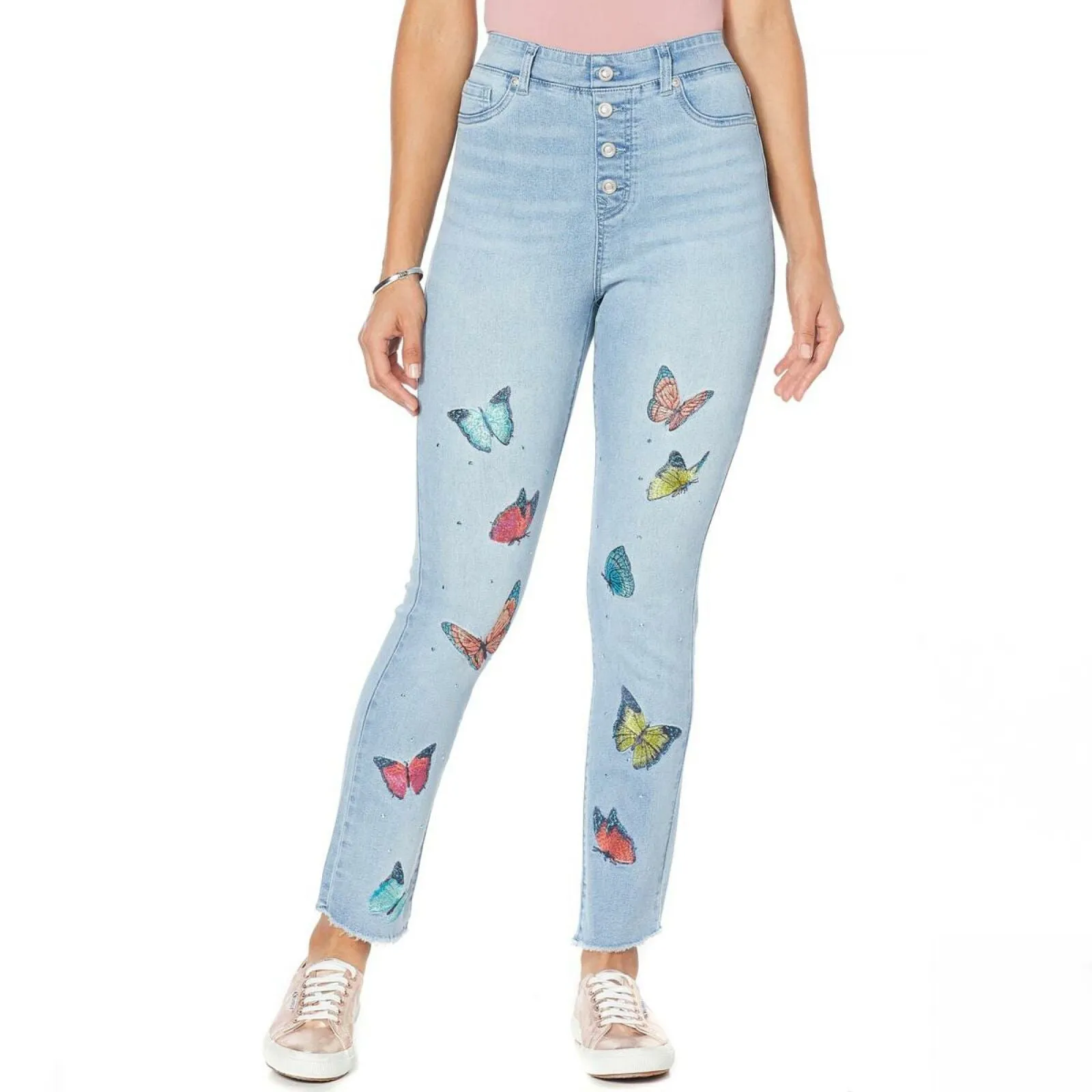 DG2 by Diane Gilman Women's Petite Embroidered Pull On Exposed Button Jeans