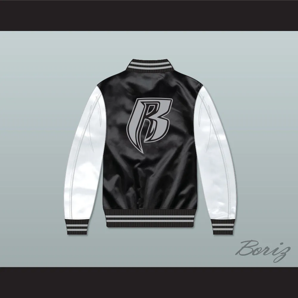 DMX Ruff Ryders Black and White Varsity Letterman Satin Bomber Jacket