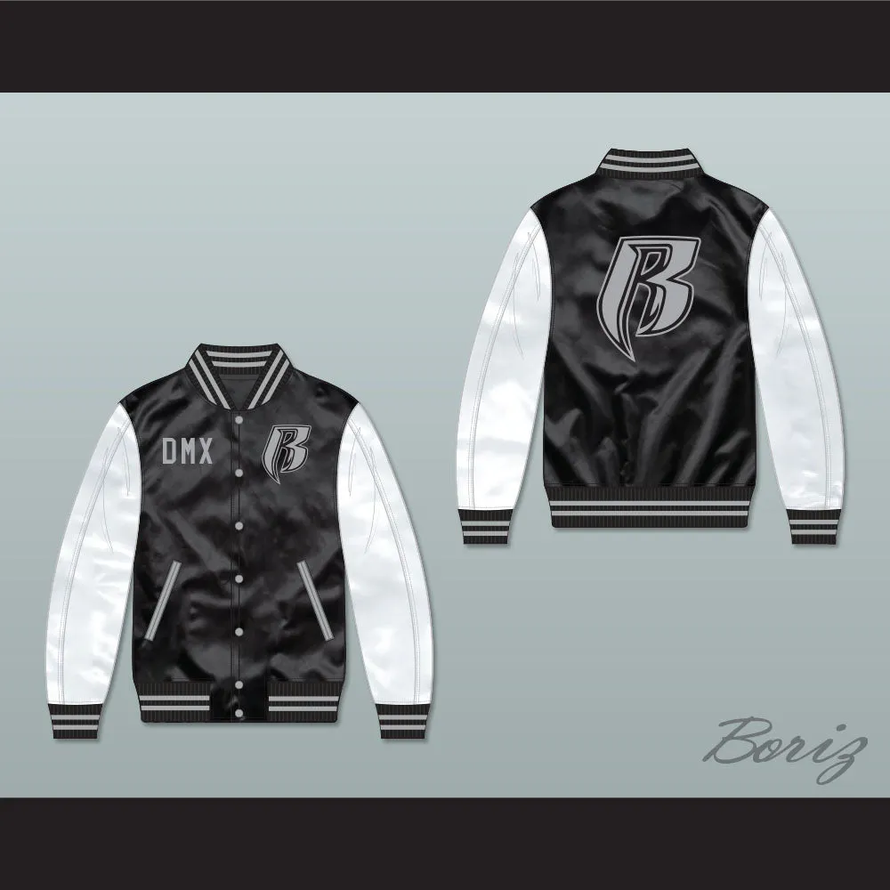 DMX Ruff Ryders Black and White Varsity Letterman Satin Bomber Jacket