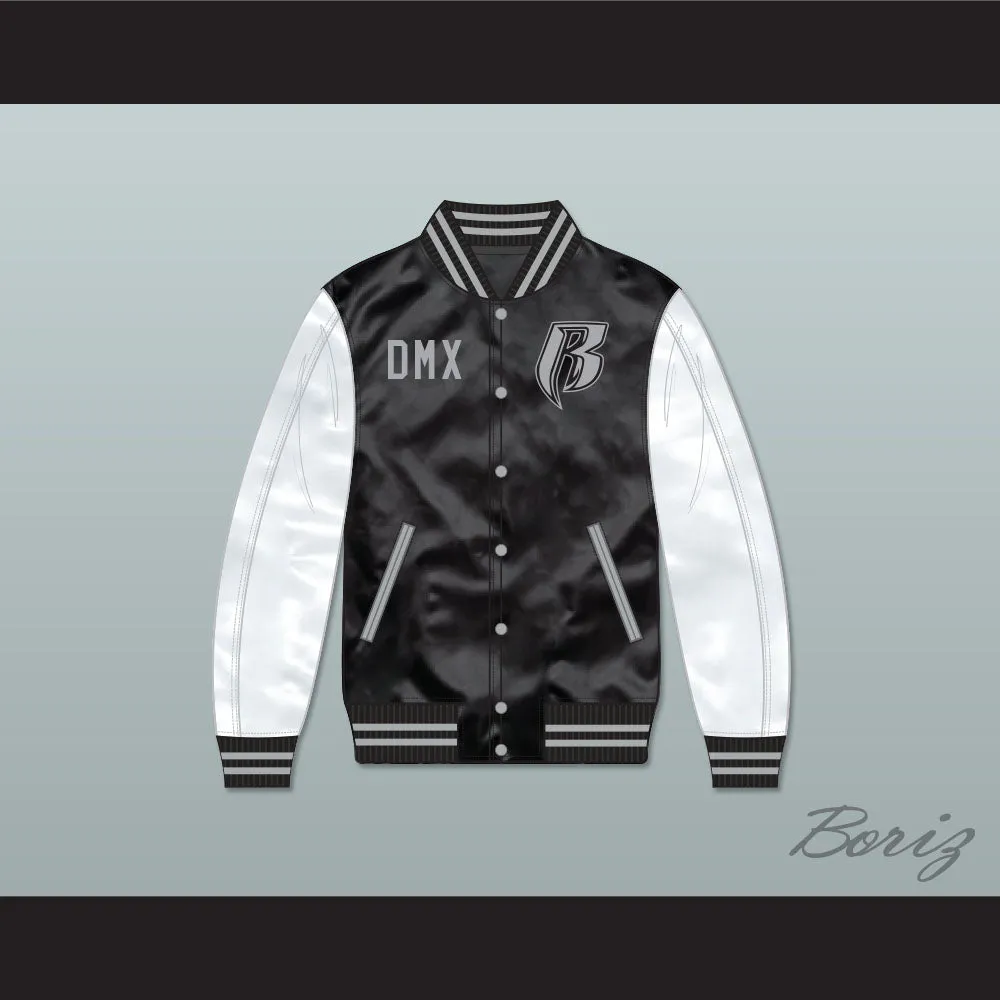 DMX Ruff Ryders Black and White Varsity Letterman Satin Bomber Jacket