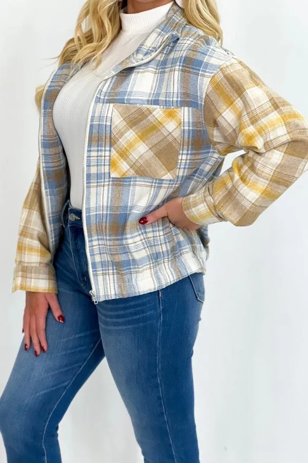 Dusty Blue Plaid Color Block Crop Jacket *FINAL SALE*