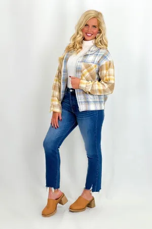 Dusty Blue Plaid Color Block Crop Jacket *FINAL SALE*