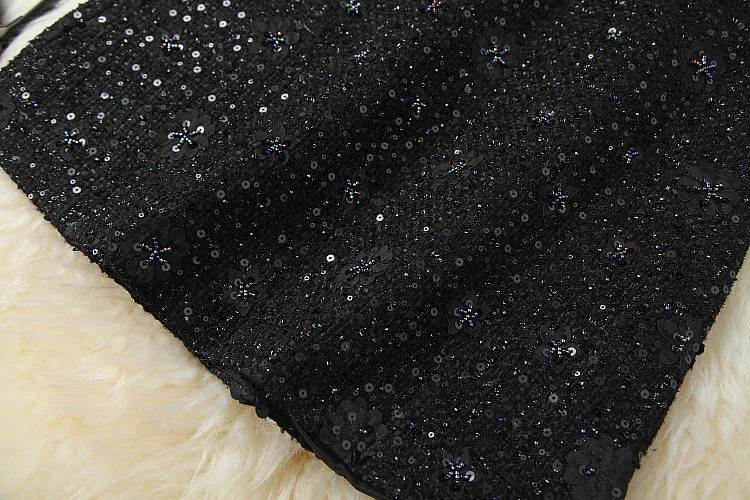 Elegant Black Flower Splicing Beading Tops Skirts Two-piece Set