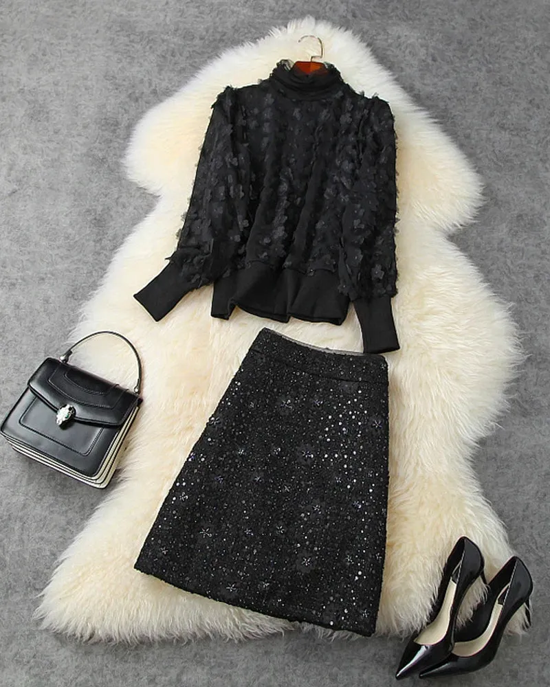 Elegant Black Flower Splicing Beading Tops Skirts Two-piece Set