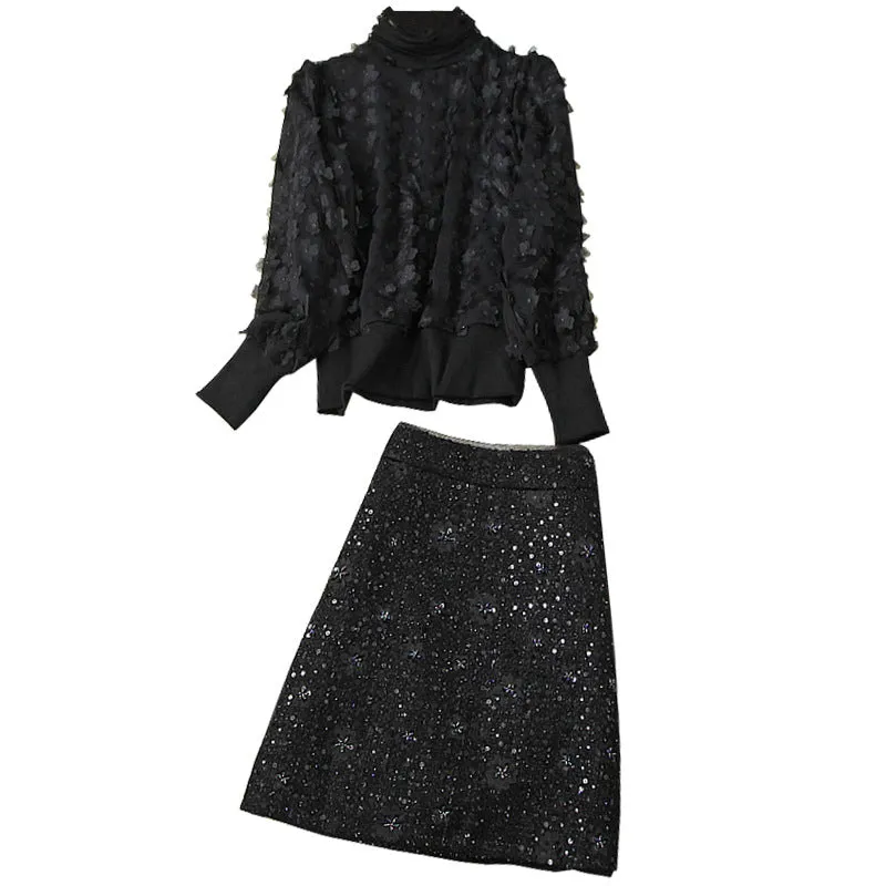 Elegant Black Flower Splicing Beading Tops Skirts Two-piece Set