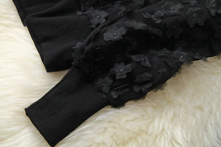Elegant Black Flower Splicing Beading Tops Skirts Two-piece Set