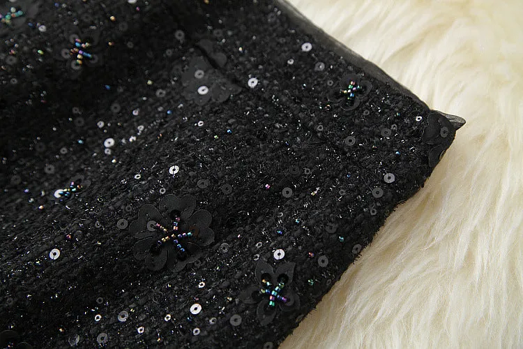 Elegant Black Flower Splicing Beading Tops Skirts Two-piece Set