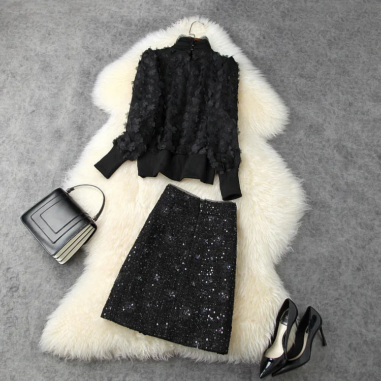 Elegant Black Flower Splicing Beading Tops Skirts Two-piece Set