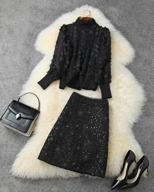 Elegant Black Flower Splicing Beading Tops Skirts Two-piece Set