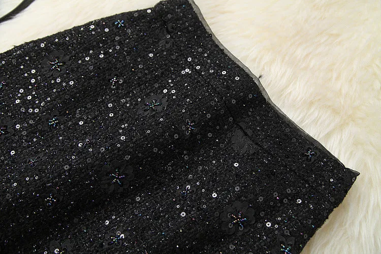 Elegant Black Flower Splicing Beading Tops Skirts Two-piece Set