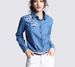 fashion denim shirt women's long sleeve denim blouse embroidered denim shirts female vintage Jeans blouse casual tops