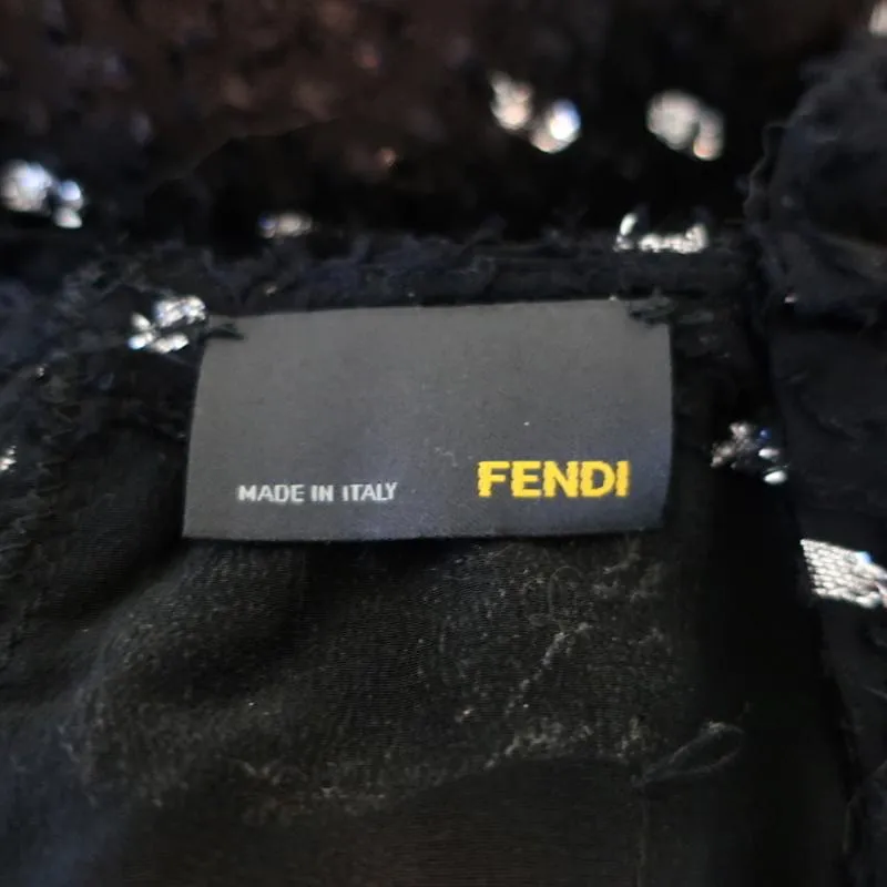 Fendi Dress Black Metallic-Flecked Draped Silk Size 40 Sleeveless V-Neck