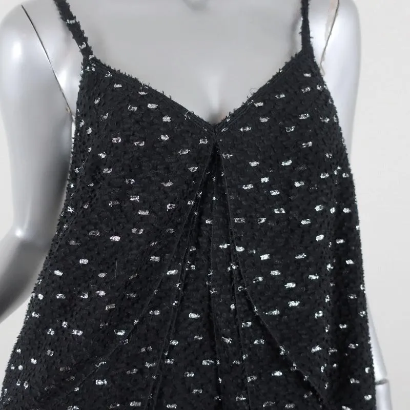 Fendi Dress Black Metallic-Flecked Draped Silk Size 40 Sleeveless V-Neck