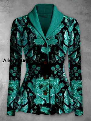 Floral Print Vintage Elegant Lapel V-Neck Button Up Long Sleeve Top