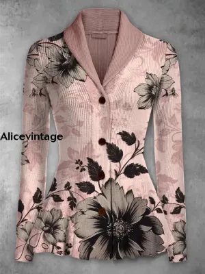 Floral Print Vintage Elegant Lapel V-Neck Button Up Long Sleeve Top