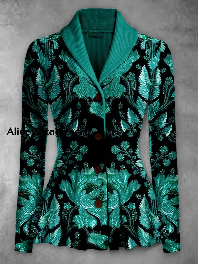 Floral Print Vintage Elegant Lapel V-Neck Button Up Long Sleeve Top