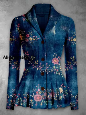 Floral Print Vintage Elegant Lapel V-Neck Button Up Long Sleeve Top