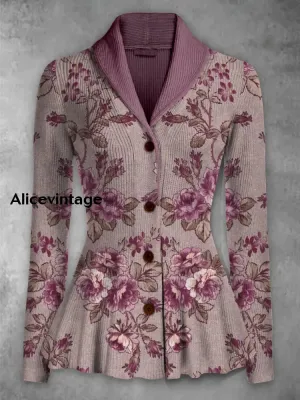 Floral Print Vintage Elegant Lapel V-Neck Button Up Long Sleeve Top