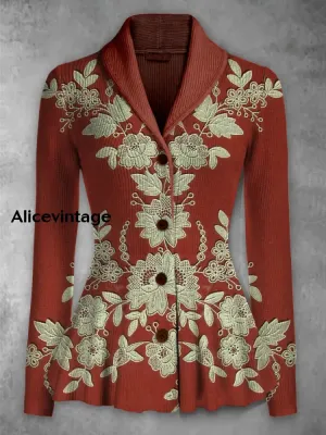 Floral Print Vintage Elegant Lapel V-Neck Button Up Long Sleeve Top