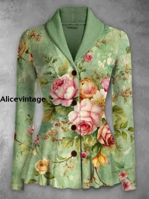 Floral Print Vintage Elegant Lapel V-Neck Button Up Long Sleeve Top