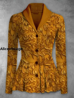 Floral Print Vintage Elegant Lapel V-Neck Button Up Long Sleeve Top