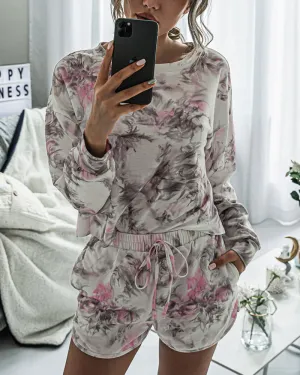 Floral Two-piece Set Cotton T-Shirt Lace-up Shorts Loungewear