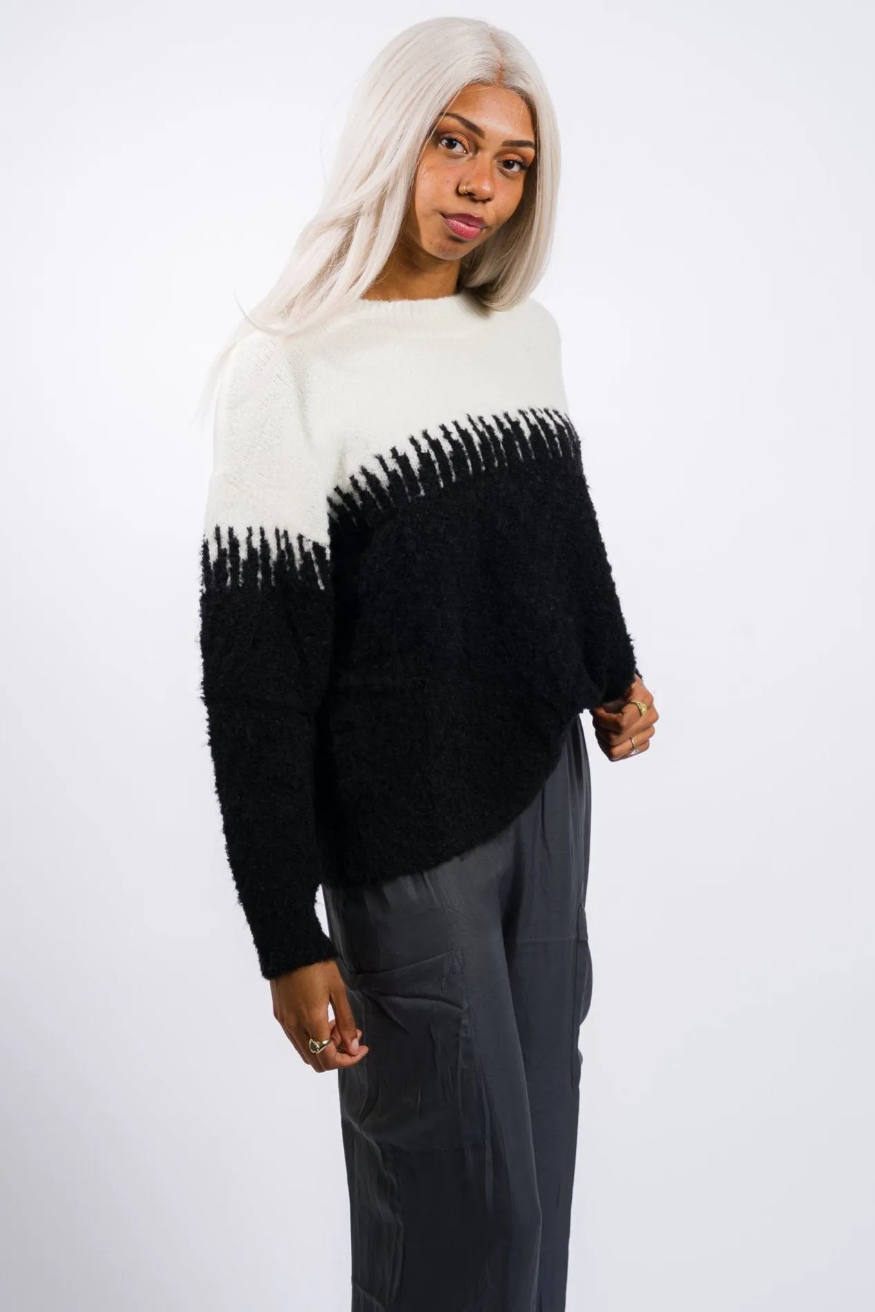 Grade & Gather Yarn Mixed Block Sweater Top - Black