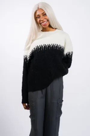 Grade & Gather Yarn Mixed Block Sweater Top - Black