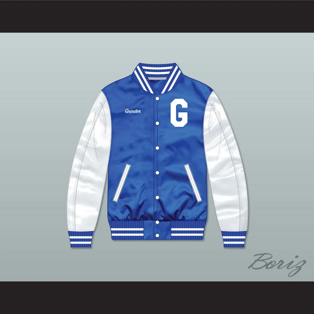 Grinder Grind Institute Blue/ White Varsity Letterman Satin Bomber Jacket