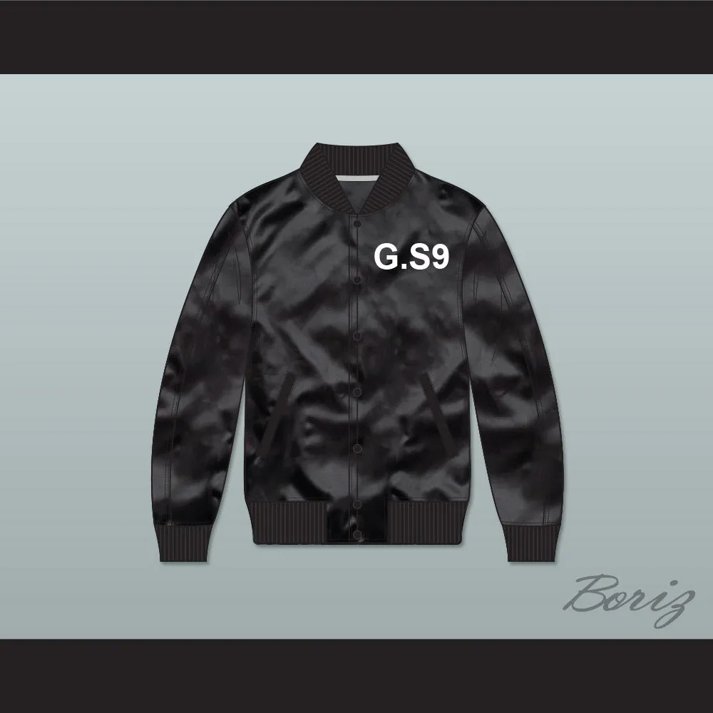 G.S9 Black Varsity Letterman Satin Bomber Jacket
