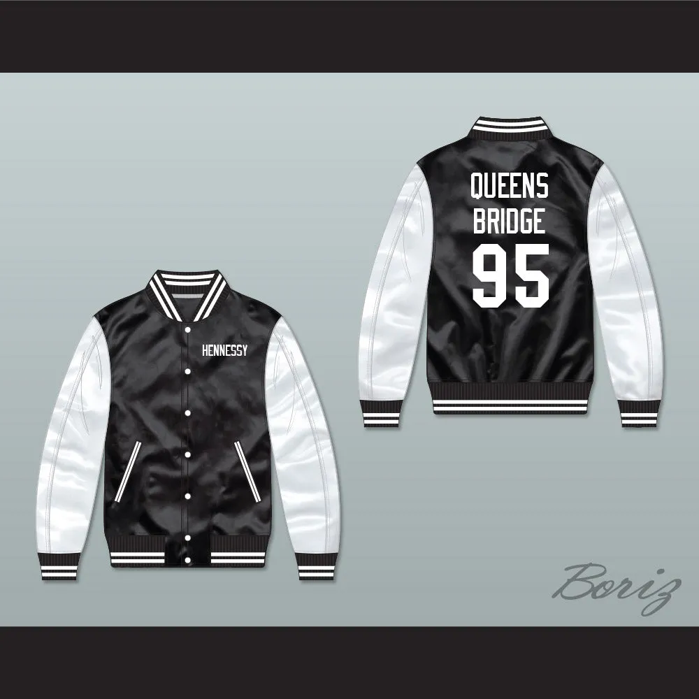 Hennessy Queens Bridge 95 Black/ White Varsity Letterman Satin Bomber Jacket