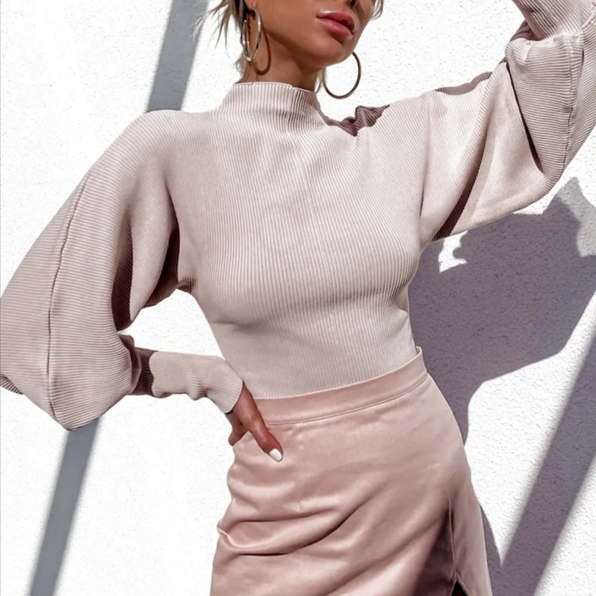 High Collar Knit Lantern Sleeve Sweaters