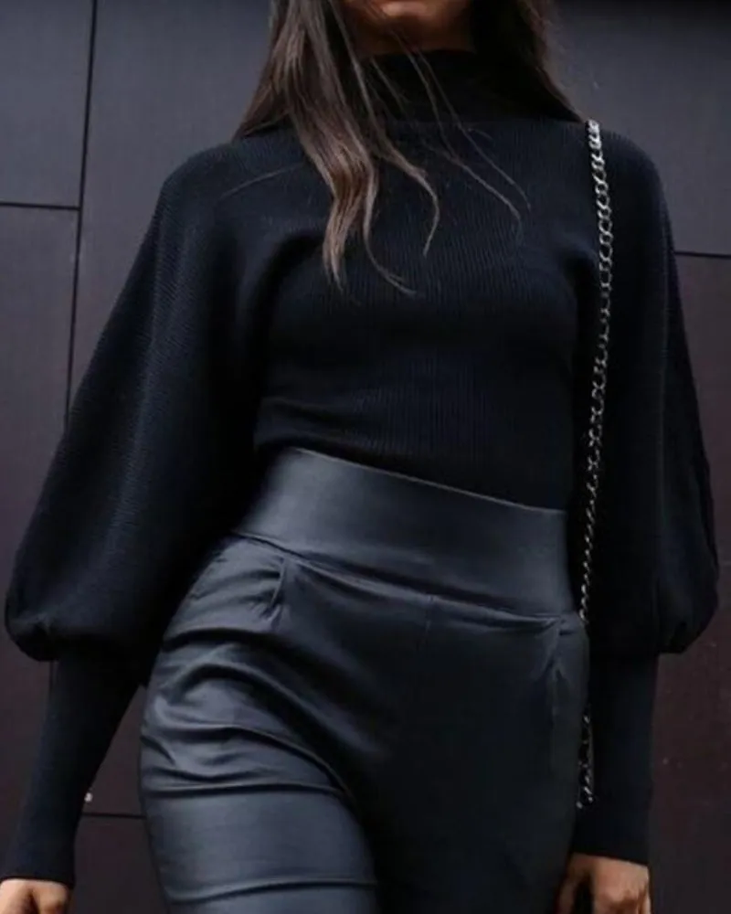 High Collar Knit Lantern Sleeve Sweaters