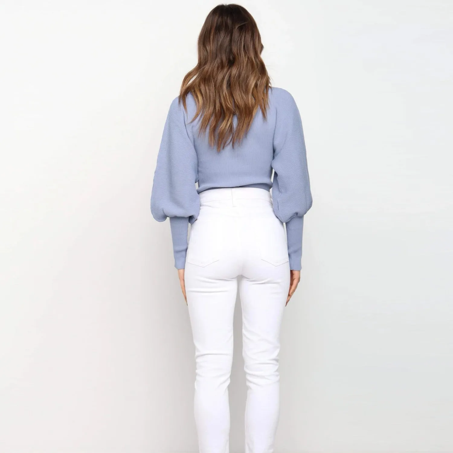 High Collar Knit Lantern Sleeve Sweaters