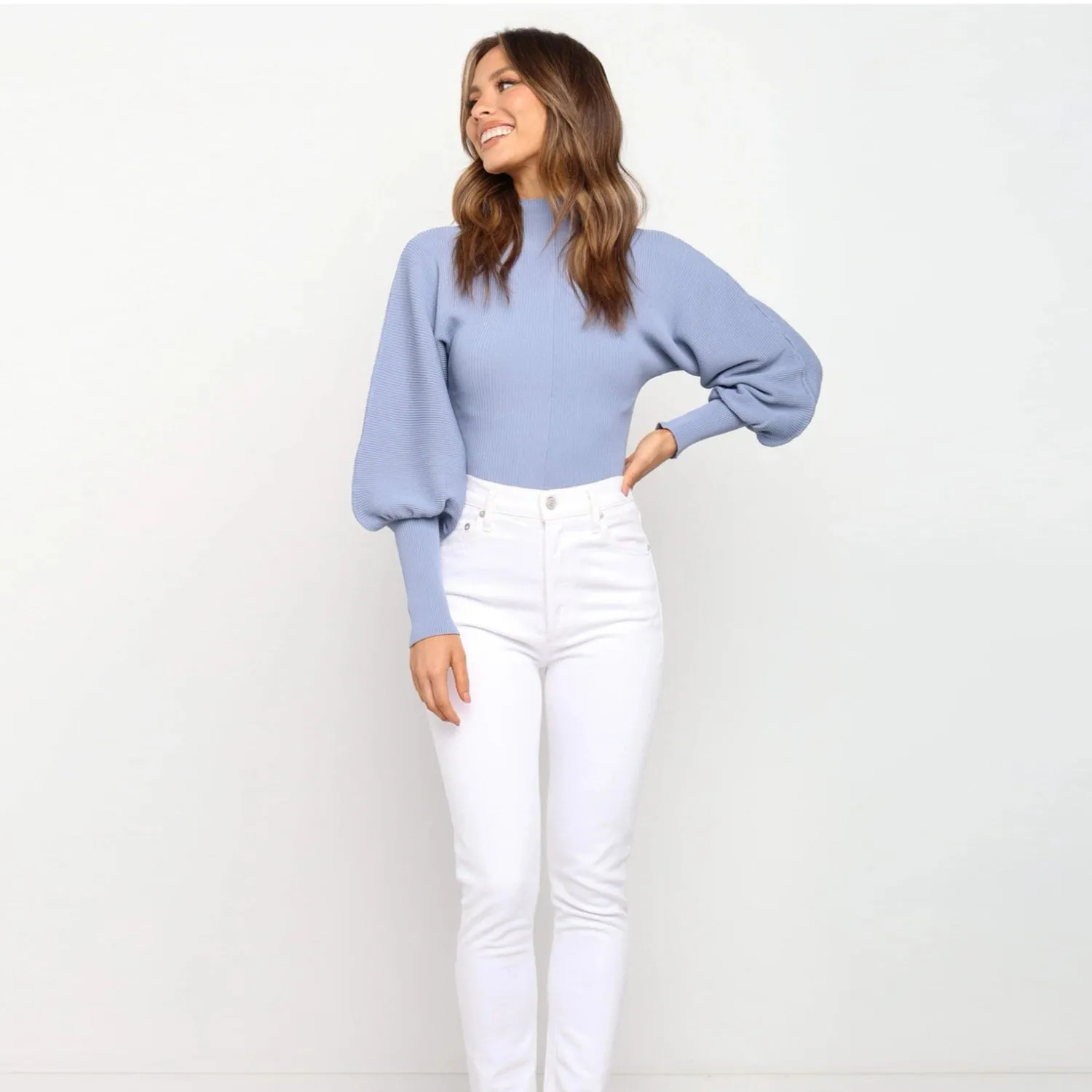 High Collar Knit Lantern Sleeve Sweaters