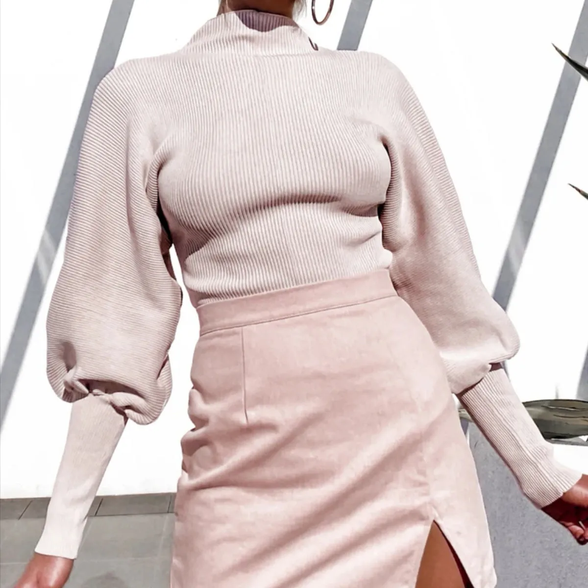 High Collar Knit Lantern Sleeve Sweaters