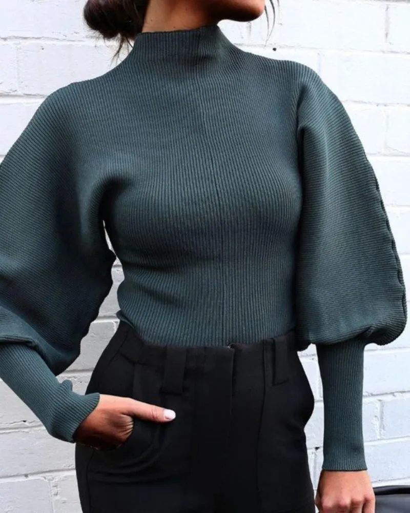 High Collar Knit Lantern Sleeve Sweaters