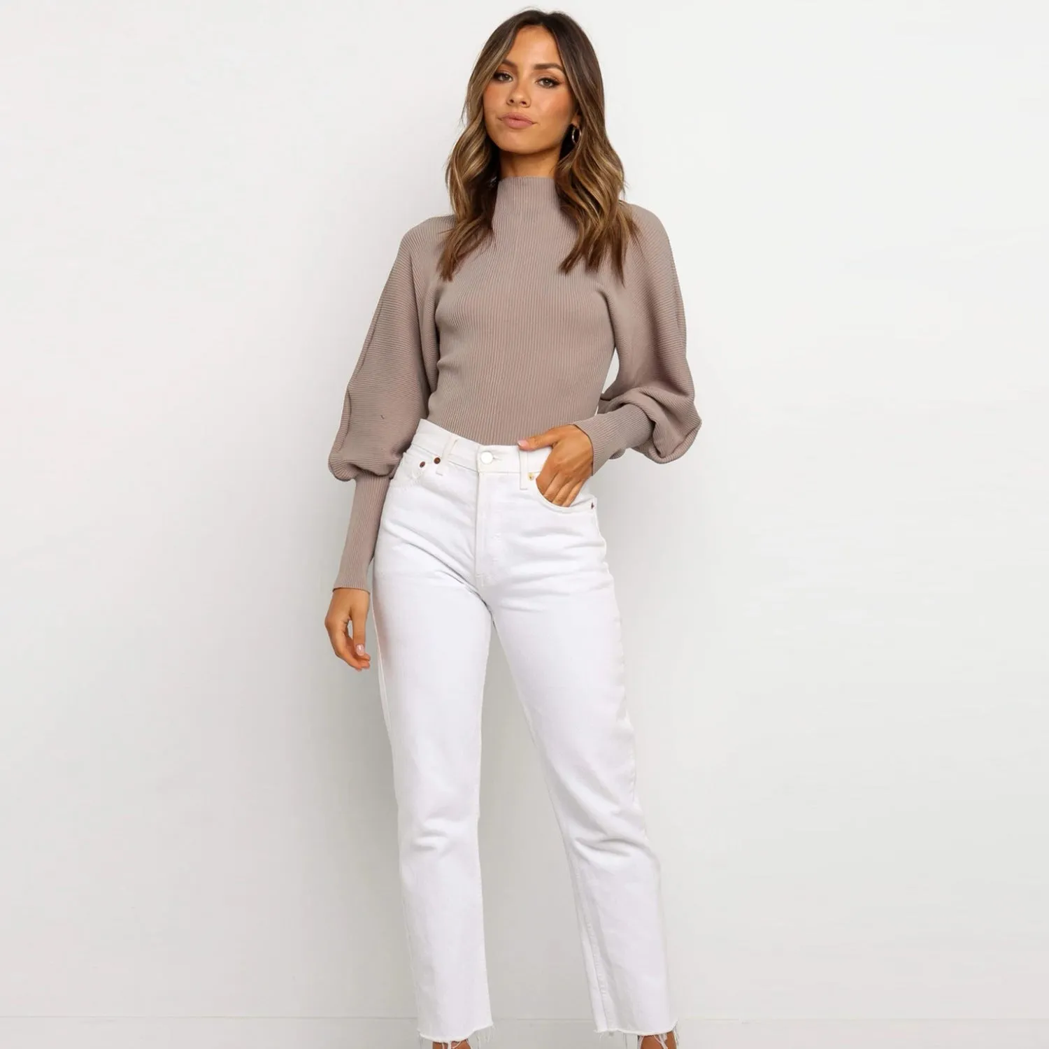 High Collar Knit Lantern Sleeve Sweaters