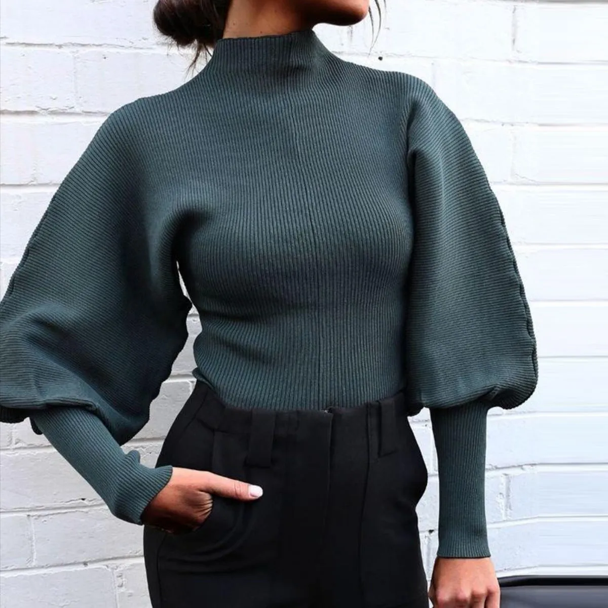 High Collar Knit Lantern Sleeve Sweaters