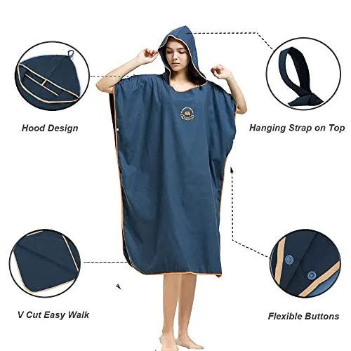 Hiturbo Microfiber Surf Beach Wetsuit Changing Towel Bath Robe Poncho with Hood -One Size Fit All