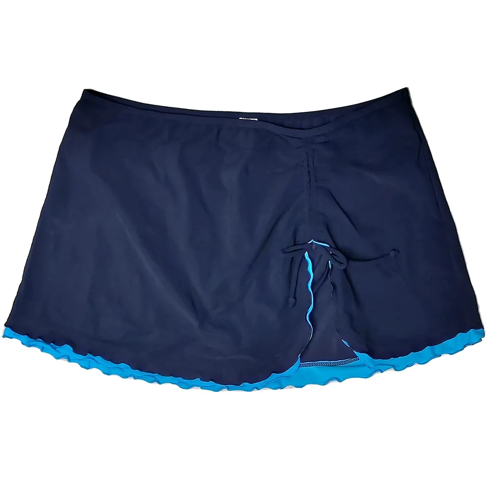 Hot Spring Frilly Red and Blue Swimming Trunks for Women with Split Thigh-Length Design