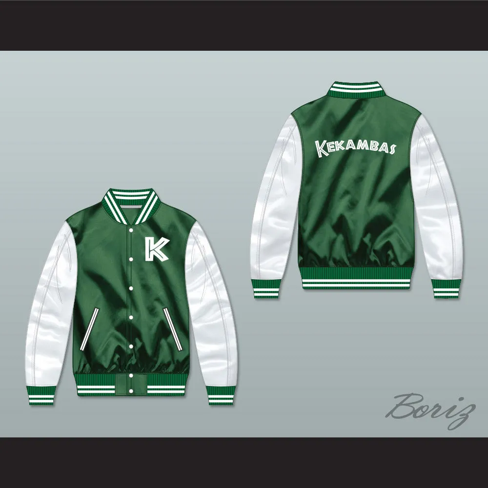 Kekambas Green/ White Varsity Letterman Satin Bomber Jacket 3