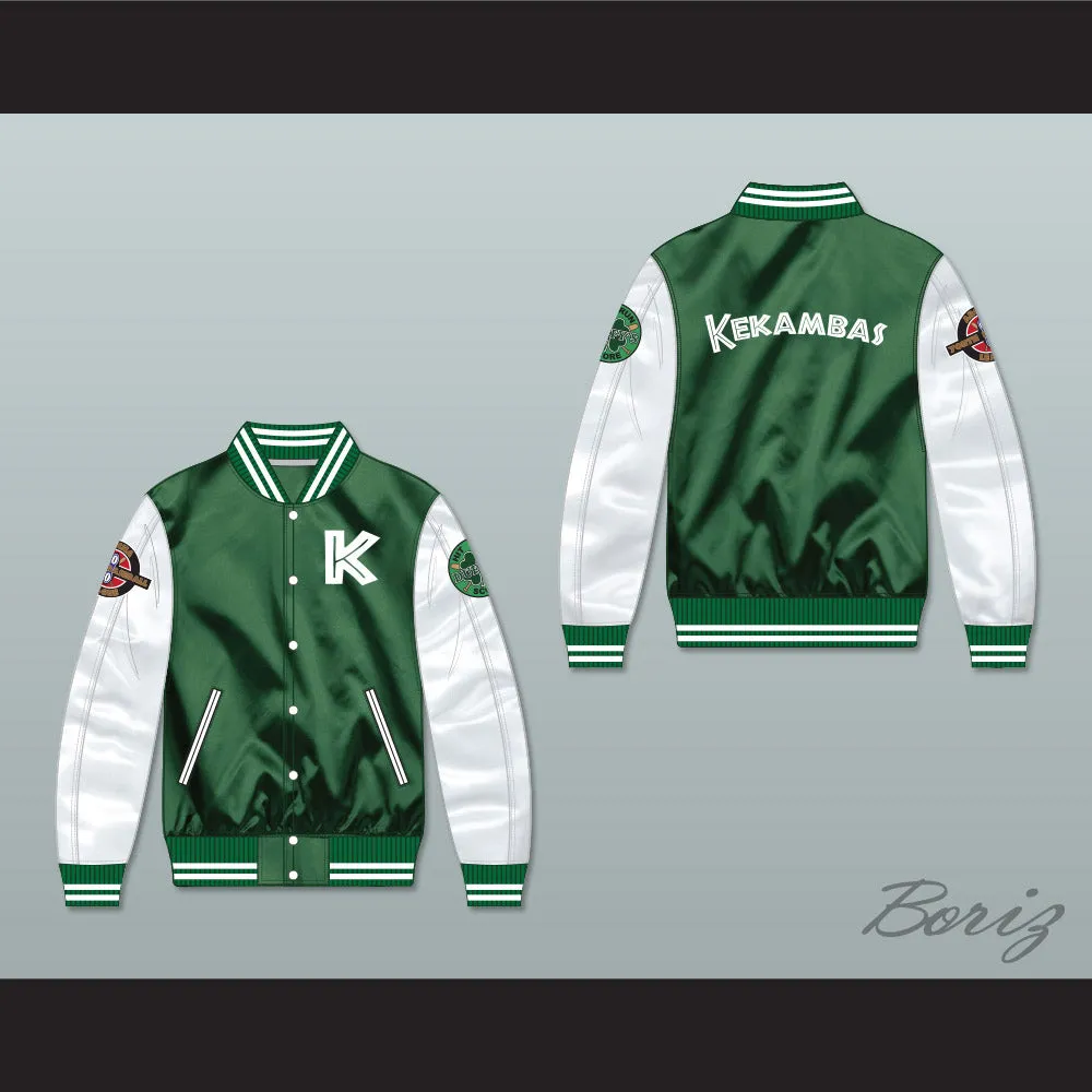 Kekambas Green/ White Varsity Letterman Satin Bomber Jacket 5