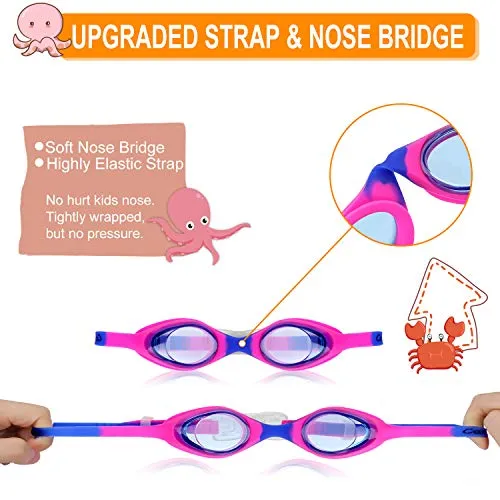Kids Swim Goggles, Swimming Goggles for Boys Girls Kid Age 3-12 Child Colorful Swim Goggles Clear Vision Anti Fog UV Protection No Leak Soft Silicone Nose Bridge Protection Case Kids' Skoogles