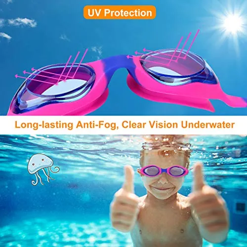 Kids Swim Goggles, Swimming Goggles for Boys Girls Kid Age 3-12 Child Colorful Swim Goggles Clear Vision Anti Fog UV Protection No Leak Soft Silicone Nose Bridge Protection Case Kids' Skoogles