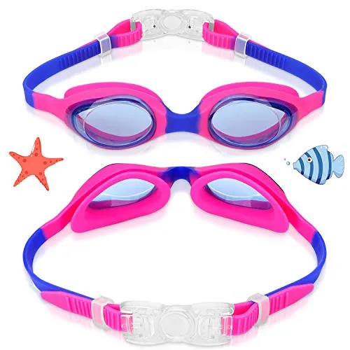 Kids Swim Goggles, Swimming Goggles for Boys Girls Kid Age 3-12 Child Colorful Swim Goggles Clear Vision Anti Fog UV Protection No Leak Soft Silicone Nose Bridge Protection Case Kids' Skoogles