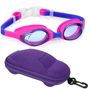 Kids Swim Goggles, Swimming Goggles for Boys Girls Kid Age 3-12 Child Colorful Swim Goggles Clear Vision Anti Fog UV Protection No Leak Soft Silicone Nose Bridge Protection Case Kids' Skoogles
